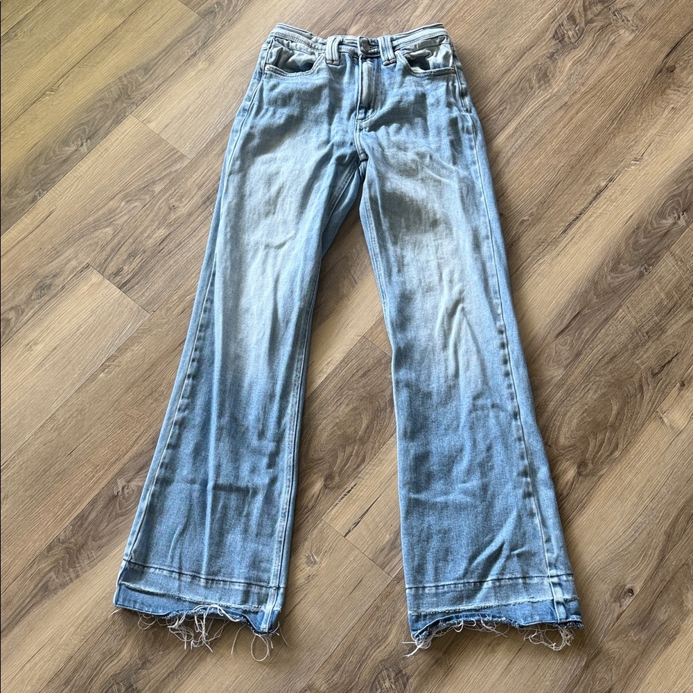 KanCan Light Blue Wide-Leg Flare Jeans with Frayed Hem